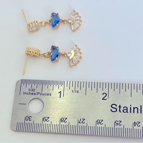 Handmade Blue and White Rhinestone Fan Dangle Earrings - Picture 2 of 2